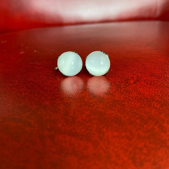 Vintage Sterling Silver Smoky Glass Crystal 1/2” Solitaire Screw Back Earrings - Picture 3 of 8